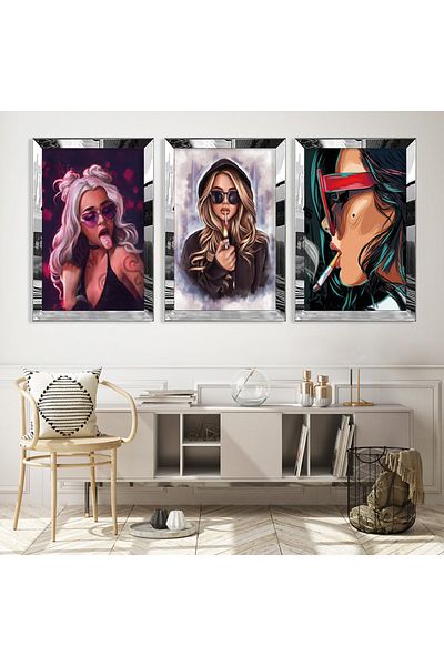 Zevahir Mobilya Dekorasyon Set de pictură modernă pentru fete din MDF triplu argintiu cu cadru din plexiglas cu oglindă argintie