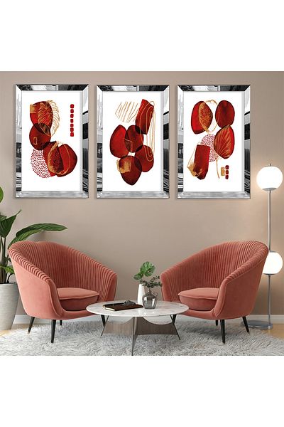 Zevahir Mobilya Dekorasyon Set de pictură din MDF triplu abstract cu modele de forme cu cadru din plexiglas cu oglindă argintie