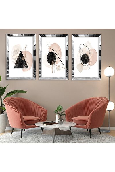 Zevahir Mobilya Dekorasyon Set de pictură din MDF triplu cu forme abstracte modelate cu cadru din plexiglas cu oglindă argintie