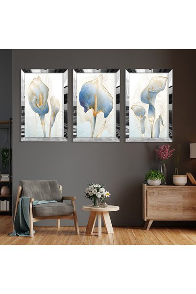 Zevahir Mobilya Dekorasyon Set de pictură din MDF cu model abstract de flori din argint cu margine din plexiglas