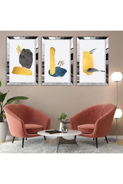 Zevahir Mobilya Dekorasyon Set de pictură din MDF triplu argintiu cu model abstract triplu cu cadru din plexiglas cu oglindă argintie