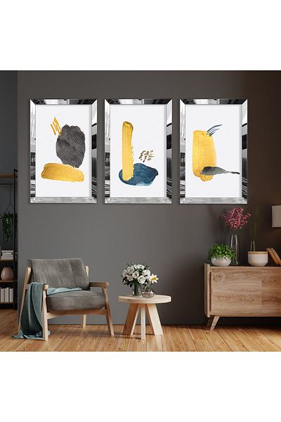 Zevahir Mobilya Dekorasyon Set de pictură din MDF triplu argintiu cu model abstract triplu cu cadru din plexiglas cu oglindă argintie