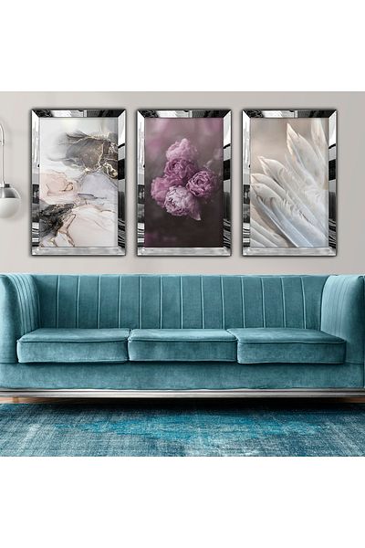 Zevahir Mobilya Dekorasyon Silver Mirrored Plexiglass Framed Collage Drawing Triple Mdf Painting Set