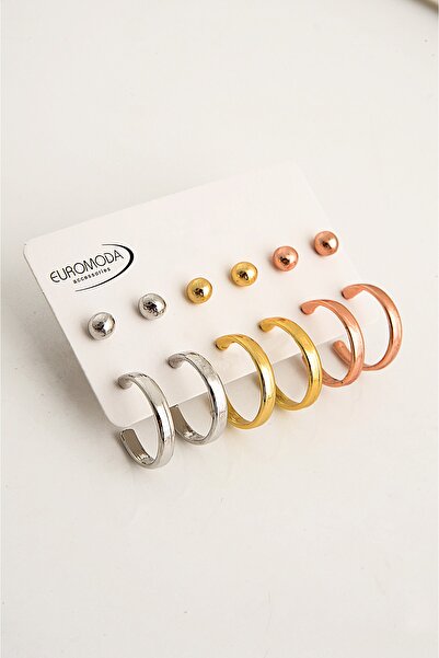 EUROMODA Gümüş Altın Rose Renkleri Halka ve Top Küpe Seti