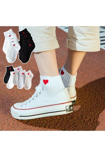 çorapmanya 5 Çift Çok Renkli Kalp Desenli Yarım Konç Kadın Çorap
