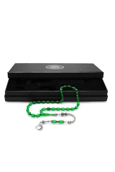 Tesbihane Ayyıldız Anti-Tarnish Metal Tufted Barley Cut Emerald Green Fire Amber Prayer Beads