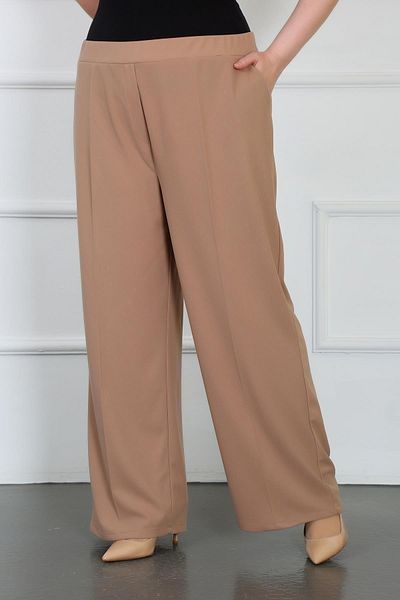 By Alba Collection Women's Tan Full Lycra Scuba Crepe Fabric Comfortable Fit Wide Leg Pants