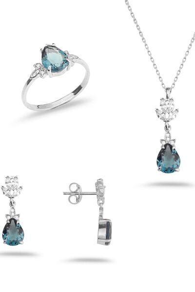 byess 925 Ayar Gümüş Lotus Motifli Aquamarine Damla Taşlı Set