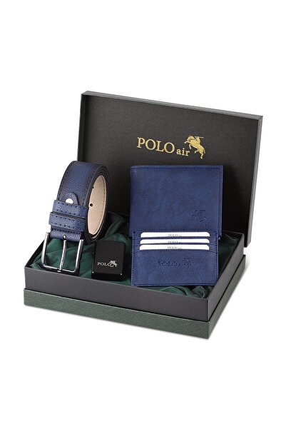 Polo Air Kemer Cüzdan Kartlık Benzinli Çakmak Hediyelik Kutusunda Lacivert Set