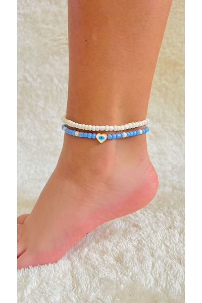 Farah Butik Anklet-2-Piece Women's Anklet-heart Evil Eye Beaded Anklet