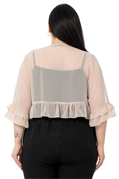 DISENTIS MODEST Plus Size Chiffon Beige Bolero with Double Layer Front Sleeve and Ruffle Back