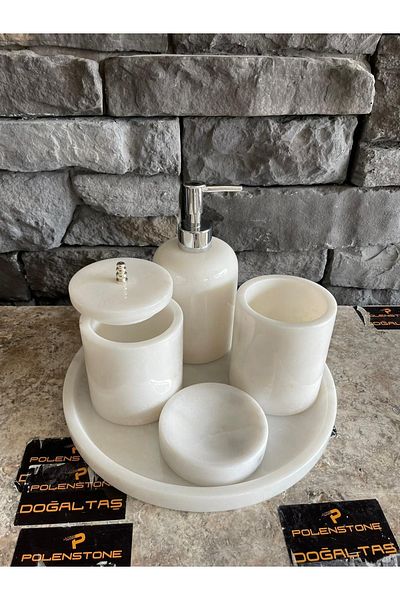 Polen Stone White Marble 5-Piece Bathroom Set with Silver Color Accessories 1st Class Marble