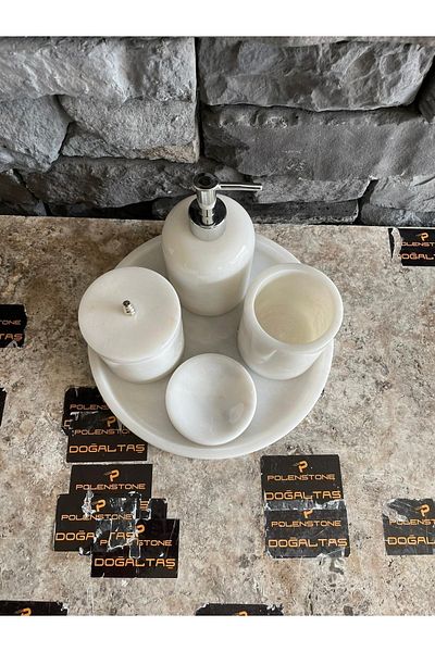 Polen Stone White Marble 5-Piece Bathroom Set with Silver Color Accessories 1st Class Marble
