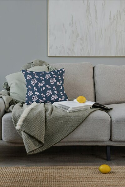 NT Handmade 42x42cm Cotton Woven Throw Pillow Case with Rose Print on Blue Background