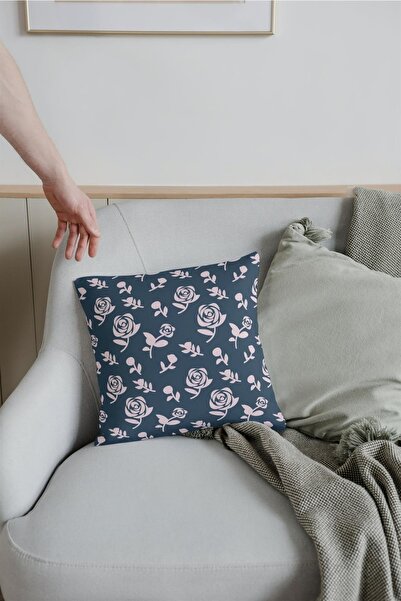 NT Handmade 42x42cm Cotton Woven Throw Pillow Case with Rose Print on Blue Background