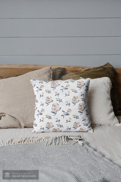 NT Handmade Μπλε τριαντάφυλλο σε κρεμ φόντο με στάμπα 42x42cm Βαμβακερή υφαντή μαξιλαροθήκη