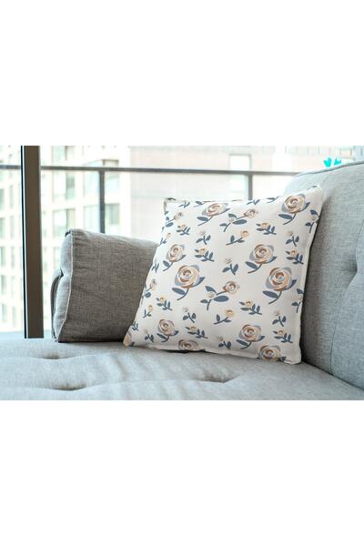 NT Handmade Μπλε τριαντάφυλλο σε κρεμ φόντο με στάμπα 42x42cm Βαμβακερή υφαντή μαξιλαροθήκη