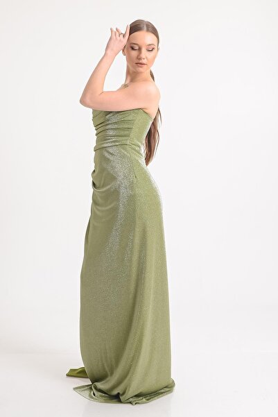 SpringStore Haki Straplez Simli Yırtmaçlı Abiye Elbise