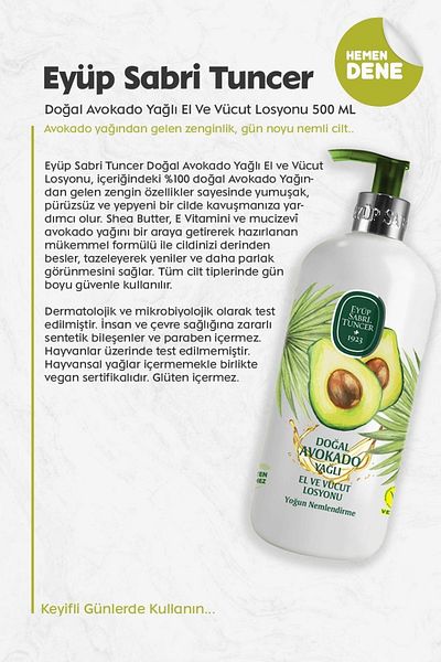 Eyüp Sabri Tuncer 500 ml Natural Avocado Oil Hand and Body Lotion