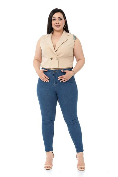 DISENTIS MODEST Plus Size Double Breasted Double Button Beige Mini Vest