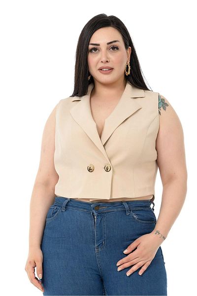 DISENTIS MODEST Plus Size Double Breasted Double Button Beige Mini Vest