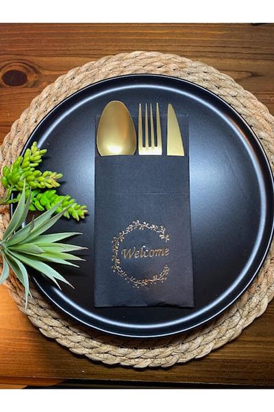 kidspartim 12-Piece Gold Gilded Black Napkin - Pocketed, 40x40