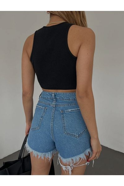 DENİKK Df3301 Pantaloni scurți mini din denim albastru, spalat, tăiați cu laser