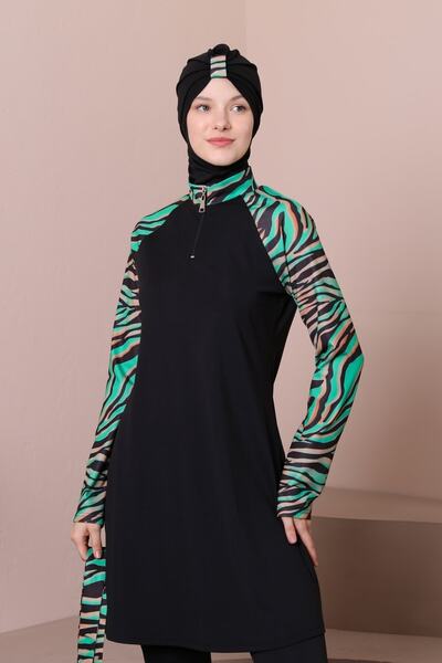 MASSMİZO Γυναικείο σετ 3 τεμαχίων Hijab μαγιό με πράσινο σχέδιο Raglan Sleeve Scuba Beach