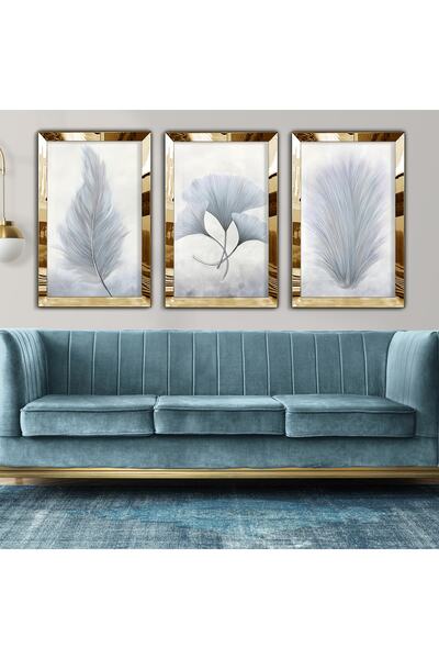 Zevahir Mobilya Dekorasyon Gold Aynalı Pleksi Çerçeveli Kolaj Çizim Üçlü Mdf Tablo Seti