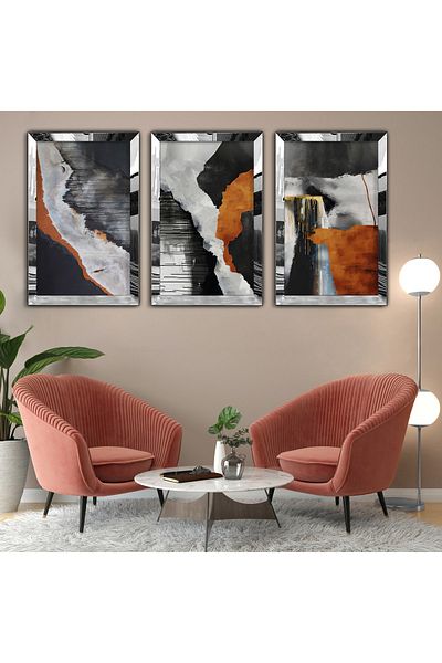 Zevahir Mobilya Dekorasyon Silver Mirrored Plexiglass Framed Collage Drawing Triple Mdf Painting Set