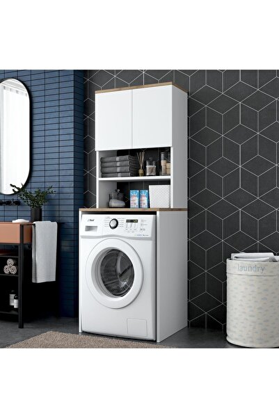 YAMANB Çamaşır Makinesi Dolabı 3 Raflı Kapaklı Banyo Dolabı Beyaz - Sepet Ceviz