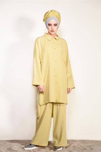 TRENDTESETTÜR Women's Yellow Pants Set - Button and Pocket Detail, Set of 2 4003
