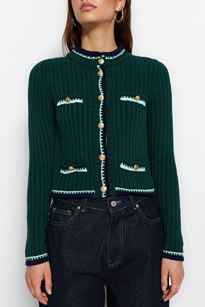 Trendyol Collection Emerald Green Color Blocked Crop Knitwear Cardigan - TWOAW23HI00550