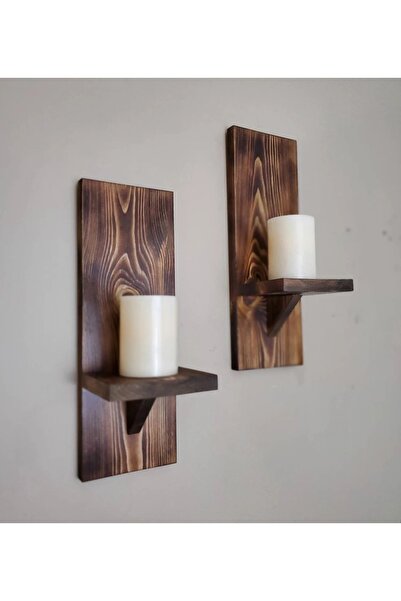 Efem Dekor Ahşap Aplik Mumluk Duvar Dekor Aplik 2'li Set Küçük Saksılık