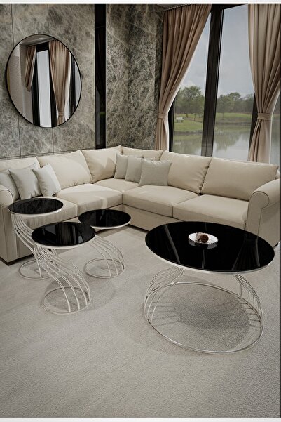 Puklife 4 Lü Kuğu Zigon Ve Orta Sehpa Takımı Krom Ayak Siyah Ayna