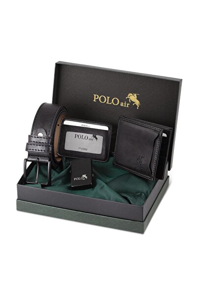 Polo Air Kutulu Erkek Spor Çakmak Kemer Cüzdan Kartlık Seti Siyah