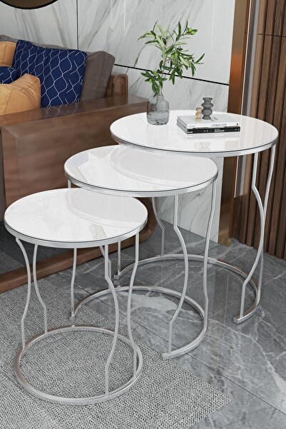 Puklife Rüya 3lü Zigon Sehpa Gümüş Renk Metal Ayak, Beyaz Temperli Cam