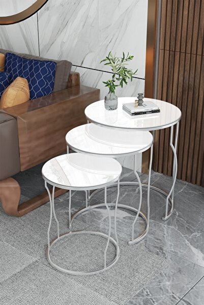 Puklife Rüya 3lü Zigon Sehpa Gümüş Renk Metal Ayak, Beyaz Temperli Cam