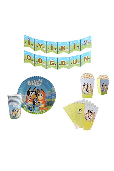 Happyland Bluey Temalı Doğum Günü Süsü Bluey Bingo Tabak Bardak Seti + Popcorn Box + Banner 3'lü Set