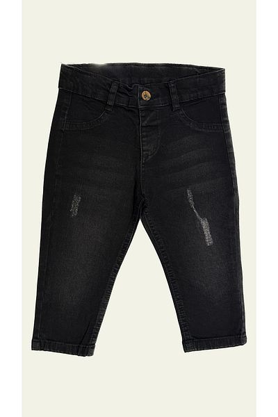 minny max Denim Fabric Frayed Black Jeans with Adjustable Elastic Waist