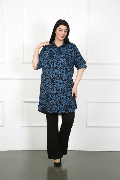 By Alba Collection Large Size Navy Blue Patterned Cotton Viscose Tunic