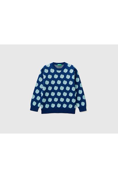 United Colors of Benetton Sweter chłopięcy z dzianiny w kolorze granatowym, w owocowy wzór