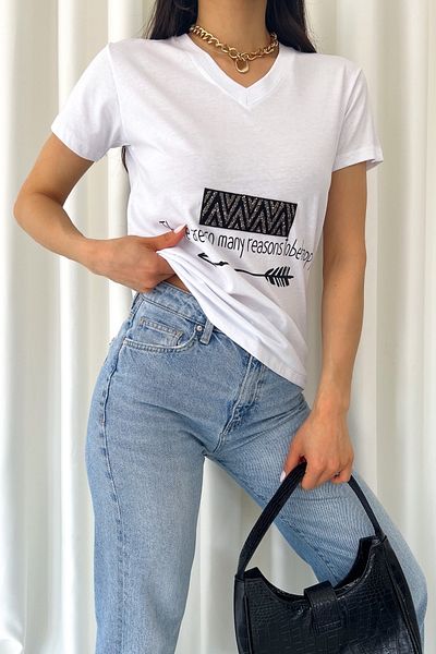 FEMELLE Tricou alb din bumbac cu decolteu în V pentru femei