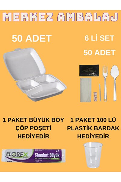 ELİMER 3 Göz Köpük Tabak Kapaklı 50 Adet + 50 Adet 5 Li Yemek Ikram Seti Tekl...