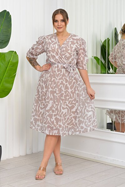 Neşeli Butik Γυναικείο φόρεμα σιφόν με σχέδιο σε μεγάλο μέγεθος Nb8063 - Μπεζ