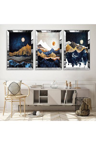 Zevahir Mobilya Dekorasyon Silver Mirrored Plexiglass Framed Collage Drawing Triple Mdf Painting Set