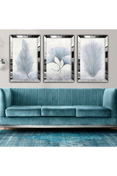 Zevahir Mobilya Dekorasyon Silver Mirrored Plexiglass Framed Collage Drawing Triple Mdf Painting Set