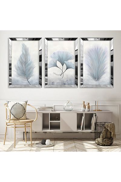 Zevahir Mobilya Dekorasyon Silver Mirrored Plexiglass Framed Collage Drawing Triple Mdf Painting Set