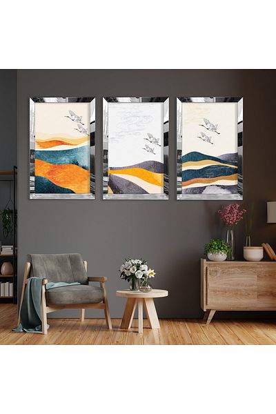 Zevahir Mobilya Dekorasyon Set de pictură din MDF triplu abstract cu model de păsări itinerante cu cadru din plexiglas cu oglindă argintie
