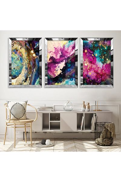 Zevahir Mobilya Dekorasyon Set de masă triplu MDF argintiu modern colorat cu cadru din plexiglas cu oglindă argintie